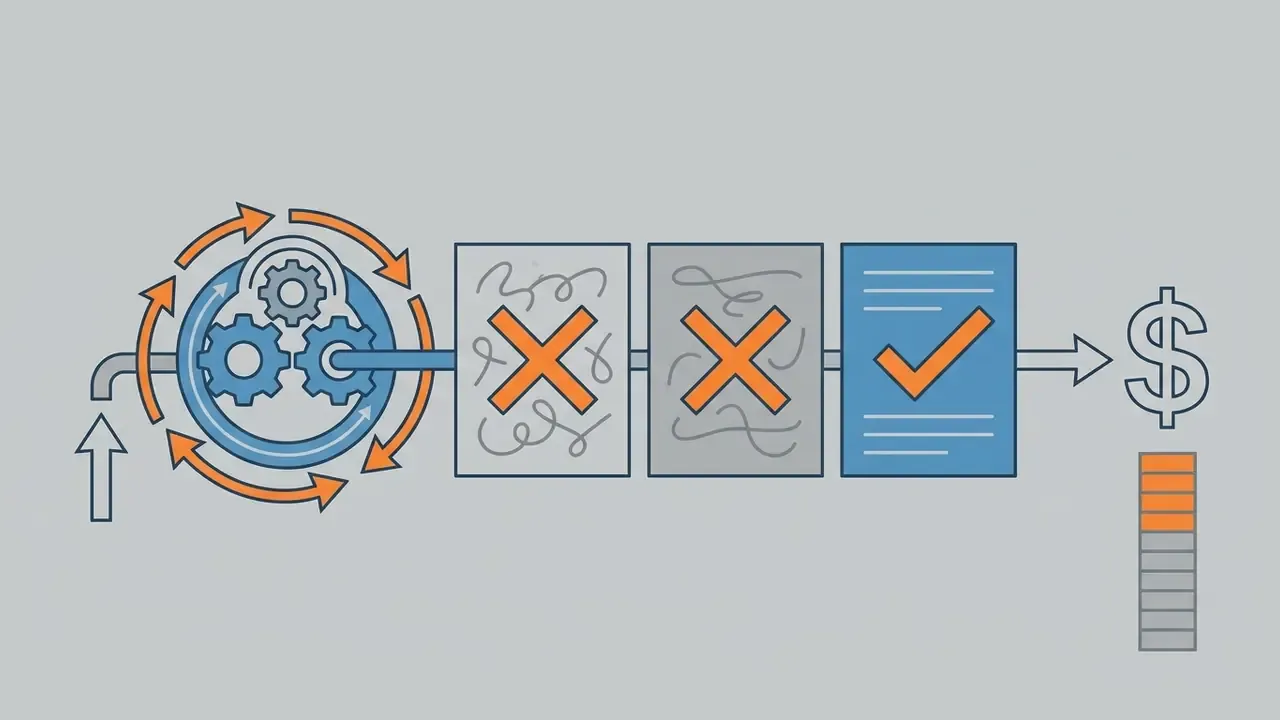 Gear mechanism cycling through document iterations before reaching a successful result and cost symbol