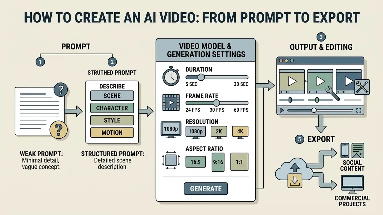 Diagram showing the workflow from writing structured prompts to adjusting generation settings and exporting
