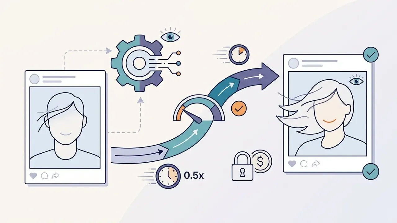 Social media portrait transforming through a gear and speed gauge into an animated video sequence