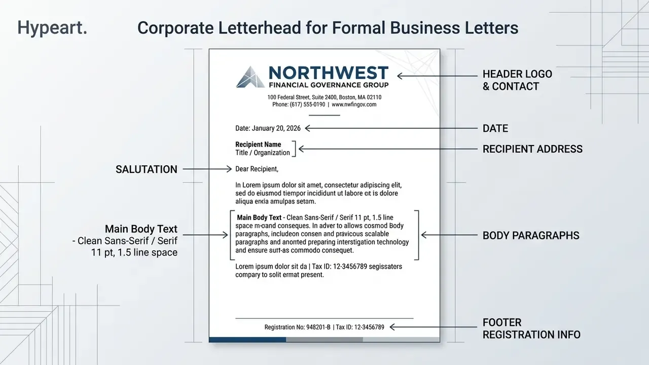 Labeled document showing the standard structural components of a formal business letterhead