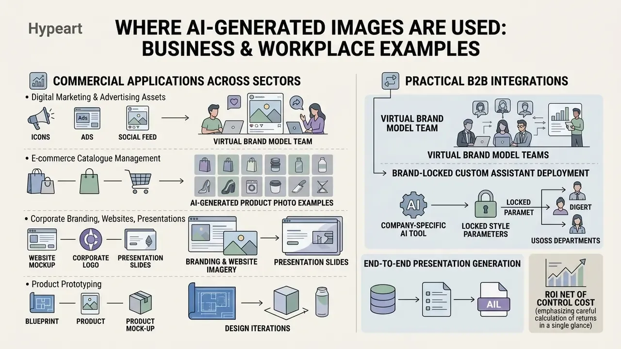 Infographic detailing business applications for AI generated images including marketing and B2B workflows