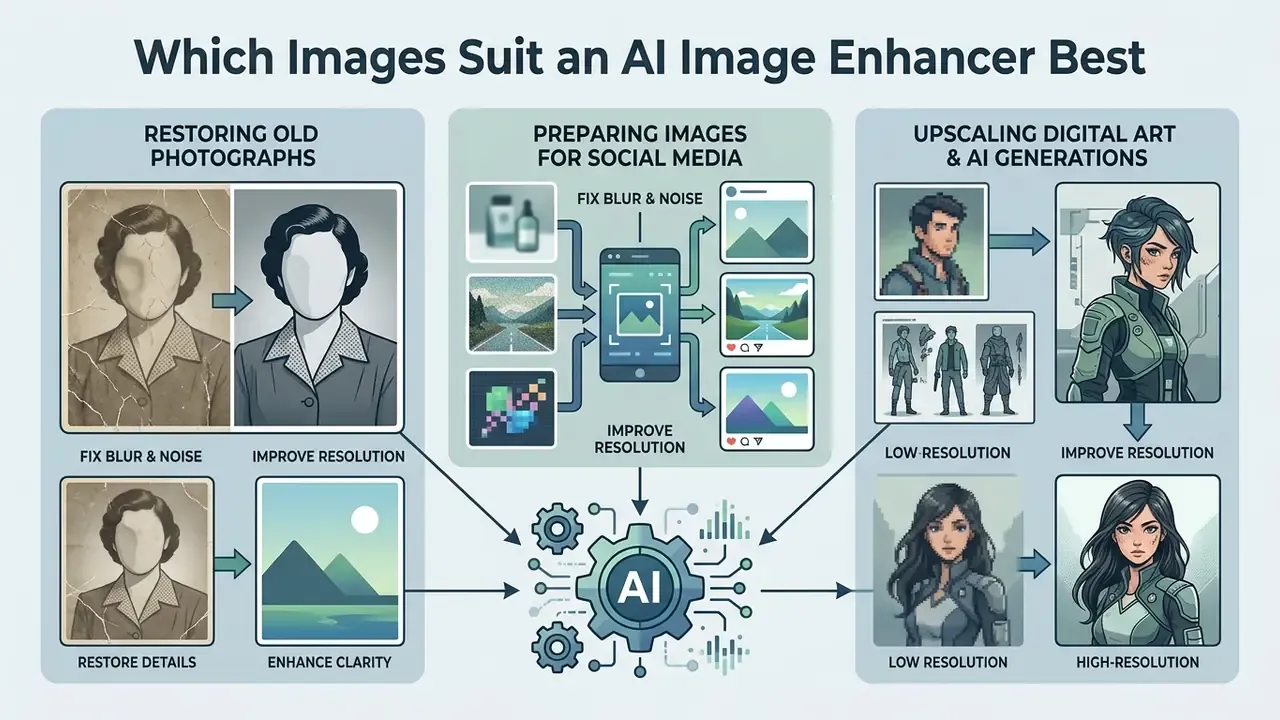 Diagram showing how AI processing restores old photos, optimizes social media content, and upscales art