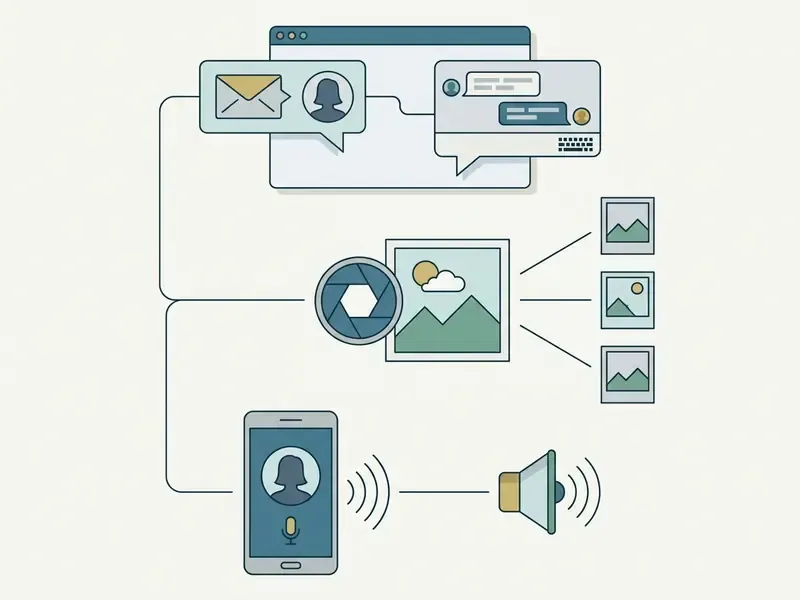Diagram showing interaction features including text chat, image generation, and voice calling