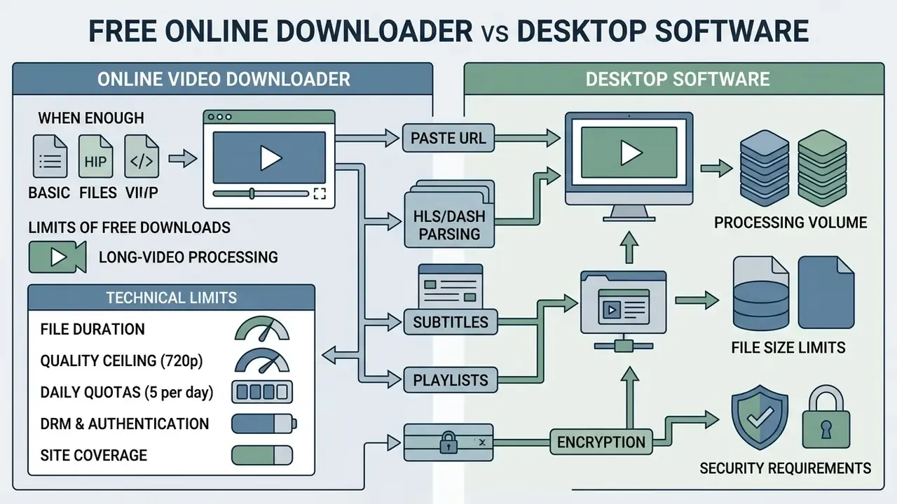 Comparison of web-based tools and desktop applications highlighting technical constraints and security features