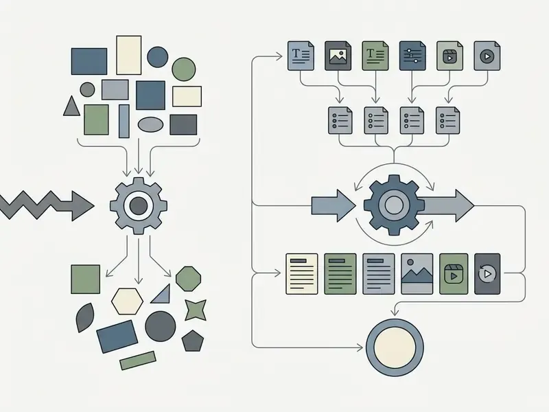 Diagram contrasting chaotic input processing with a structured workflow for AI content generation