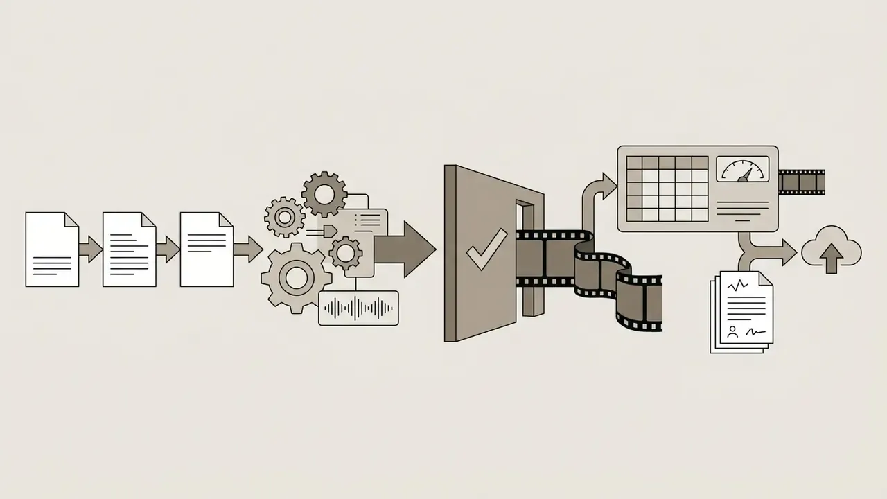 Documents and audio inputs passing through gears and a quality gate to generate and log video assets