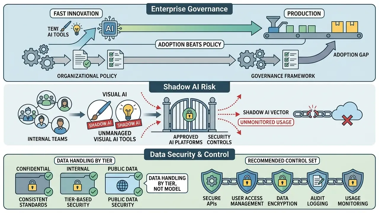 Infographic illustrating the gap between rapid AI adoption and organizational governance frameworks