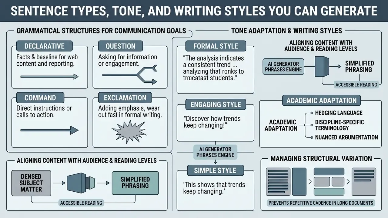 Infographic detailing how various sentence structures, tones, and writing styles influence communication