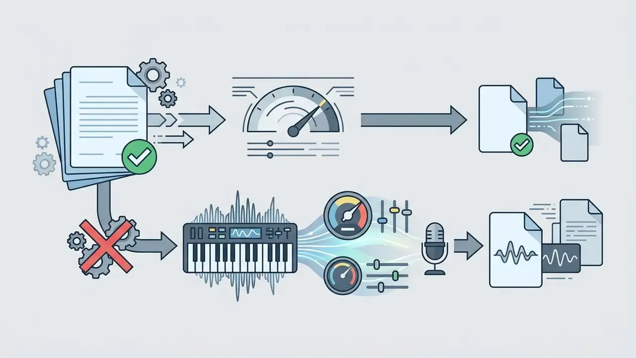 Documents and keyboard input processed through gauges and gears into audio files and waveform documents
