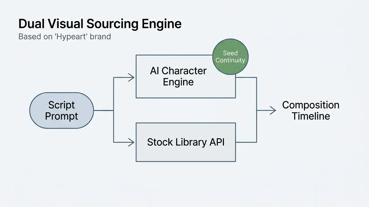 Process map showing script prompts branching into AI character generation and stock library API integration