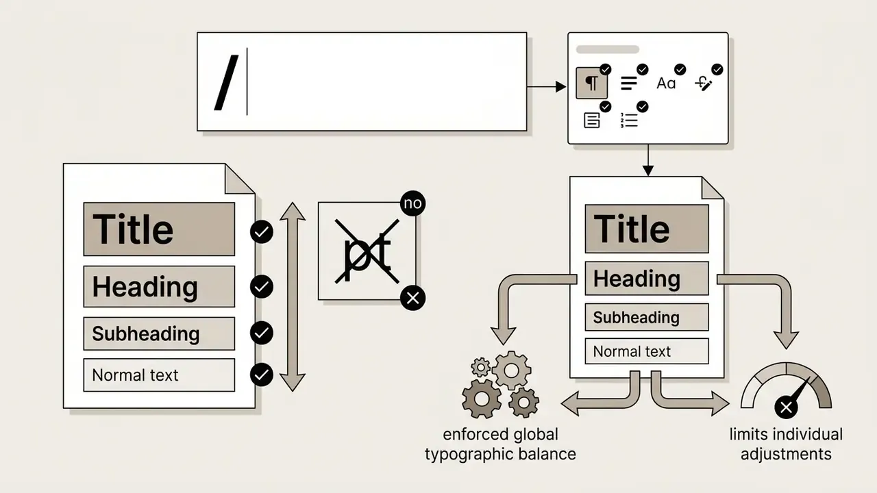 Slash command menu showing how Gamma AI enforces typographic hierarchy presets instead of point sizes