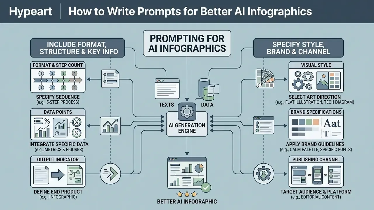 Conceptual model showing how specific prompt categories guide an AI engine to produce structured visuals