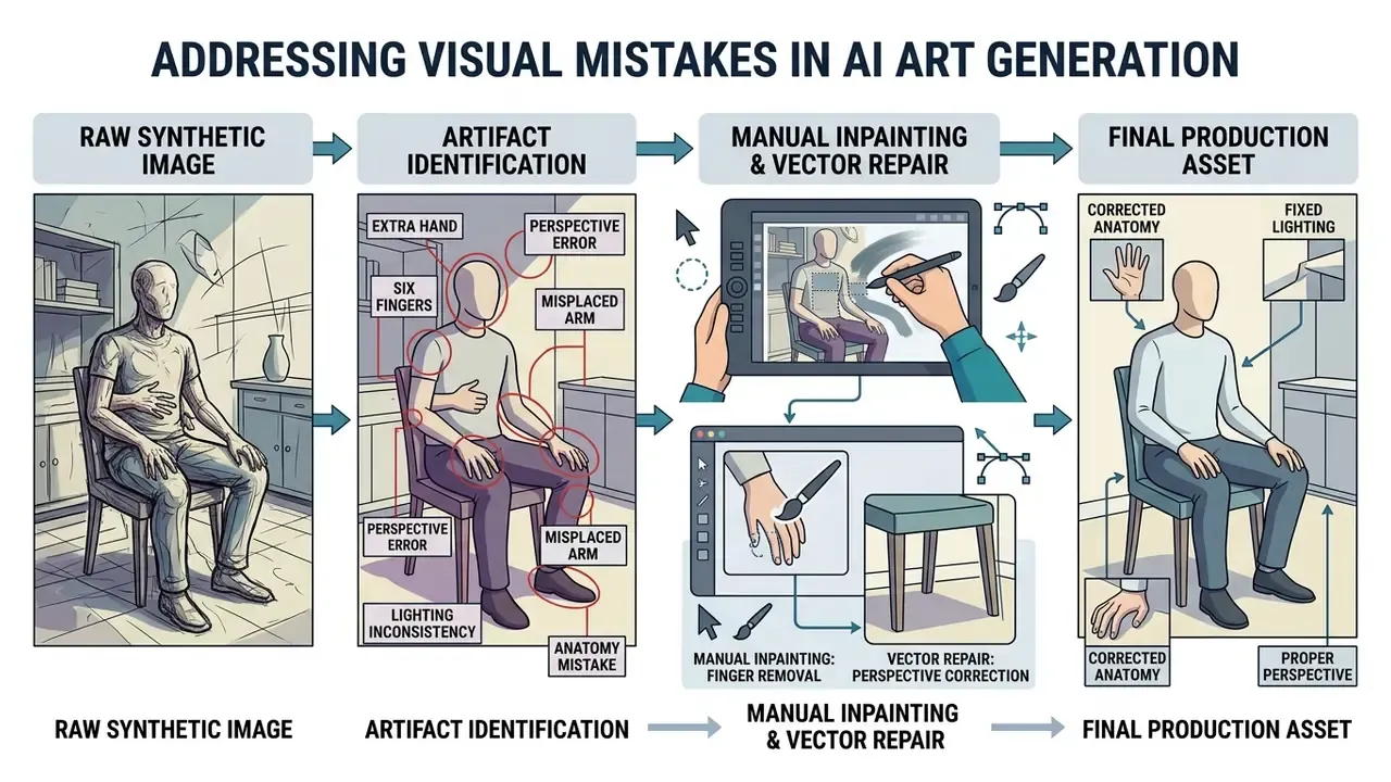 Process flow showing how manual editing corrects anatomical and perspective errors in AI generated art