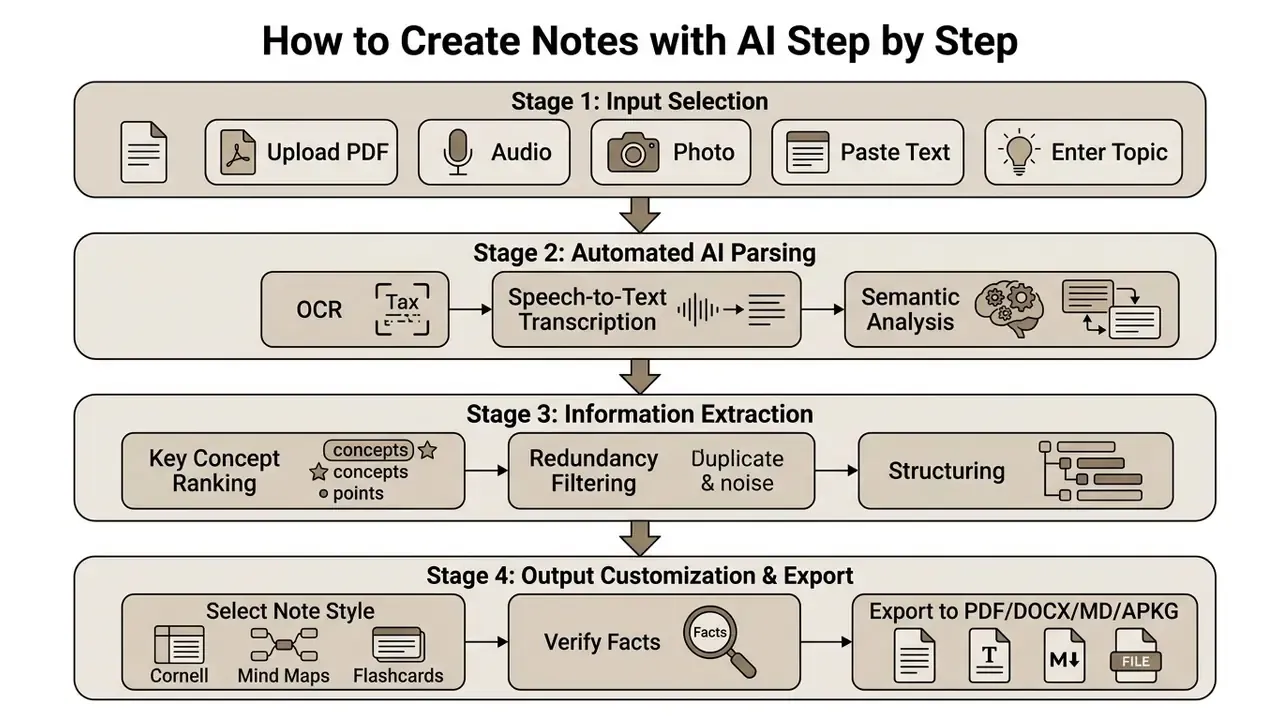 Four-stage workflow diagram mapping source ingestion through automated parsing to final file export