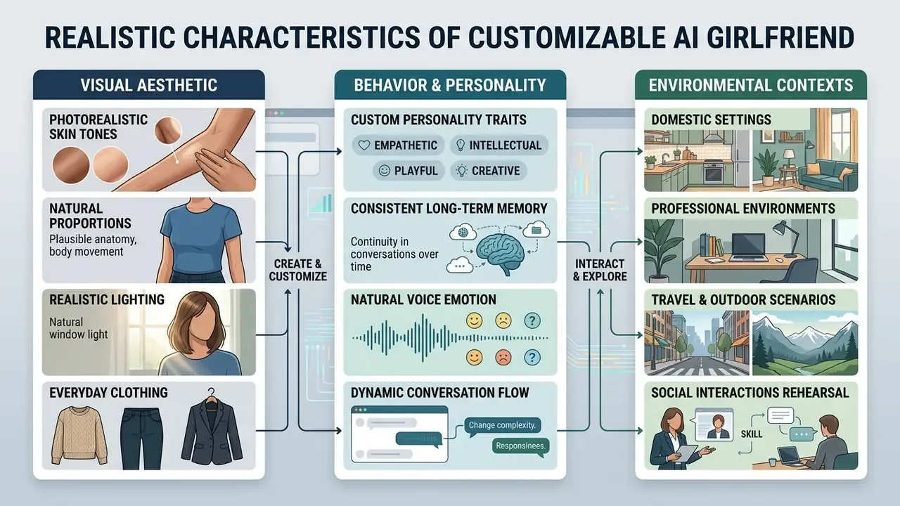 Three columns detailing visual aesthetic, behavior, personality, and environmental context for digital personas