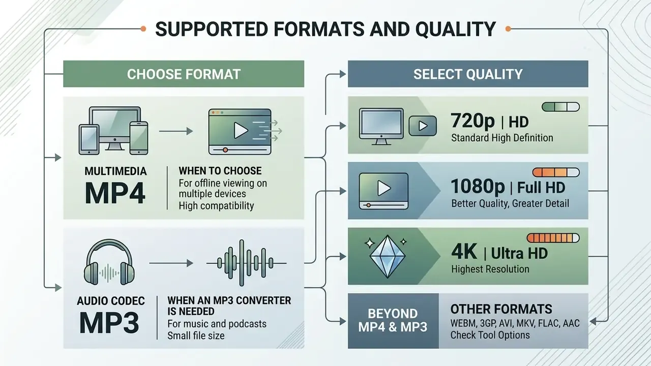 Flowchart comparing MP4 and MP3 formats alongside resolution options from 720p to 4K Ultra HD