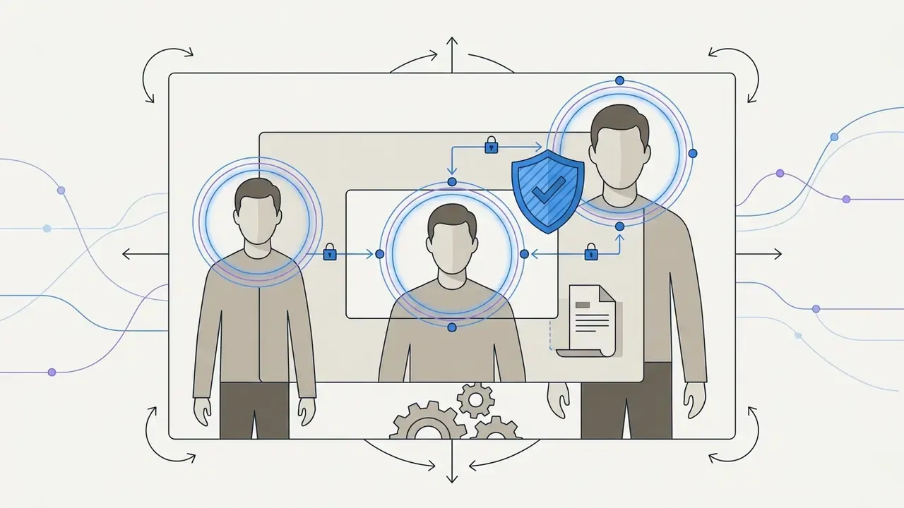 Human figures framed by concentric circles and connected by locks and a shield icon within a camera view