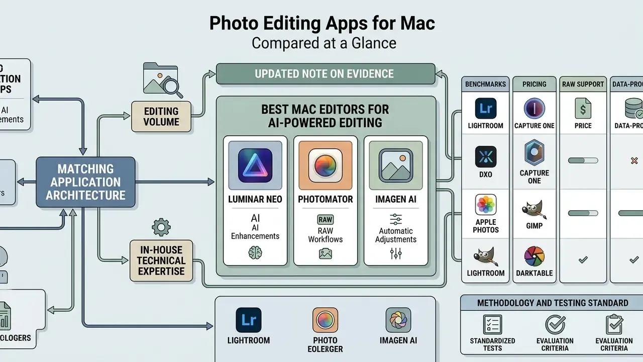 Flowchart comparing photo editing apps for Mac based on architecture, editing volume, and AI features