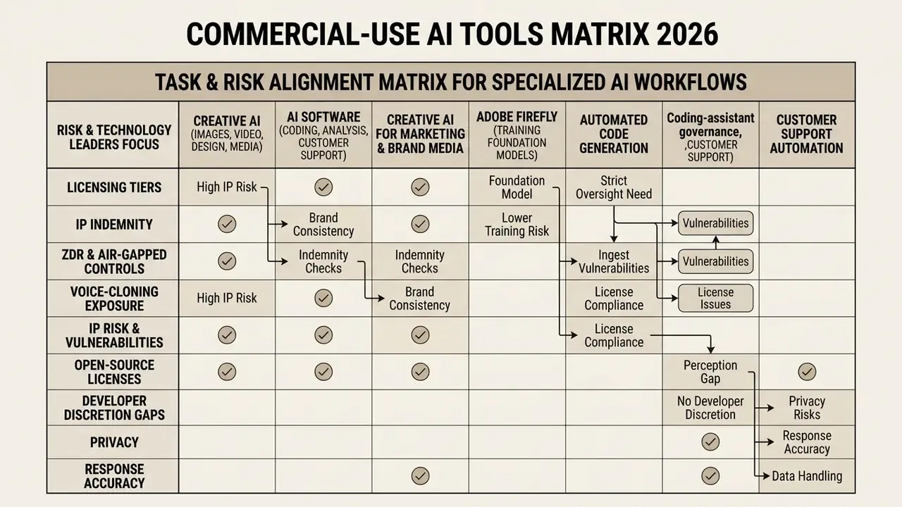Table mapping specialized AI workflows against risk factors like IP, licensing, and data privacy