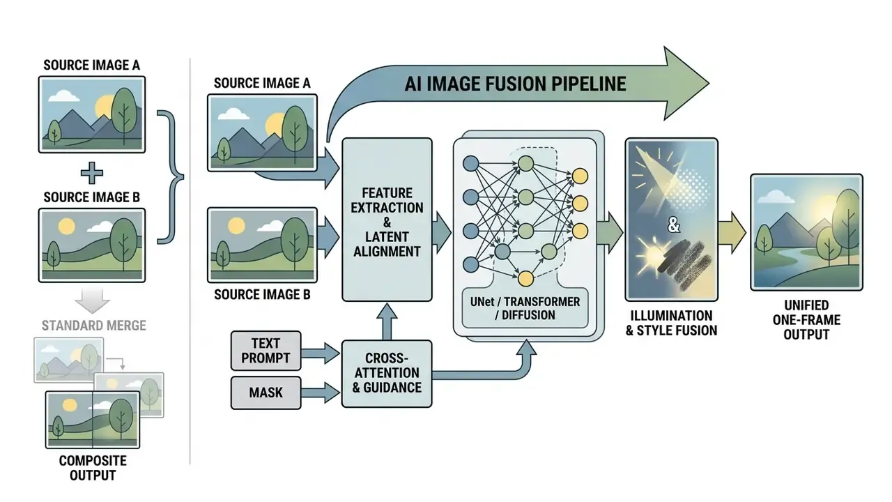 Flowchart comparing standard image merging with a complex AI image fusion pipeline