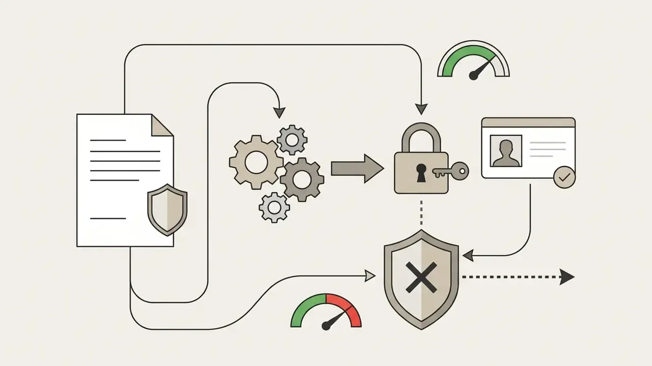 Document and gears connecting to a locked padlock and user ID card blocked by a shield icon
