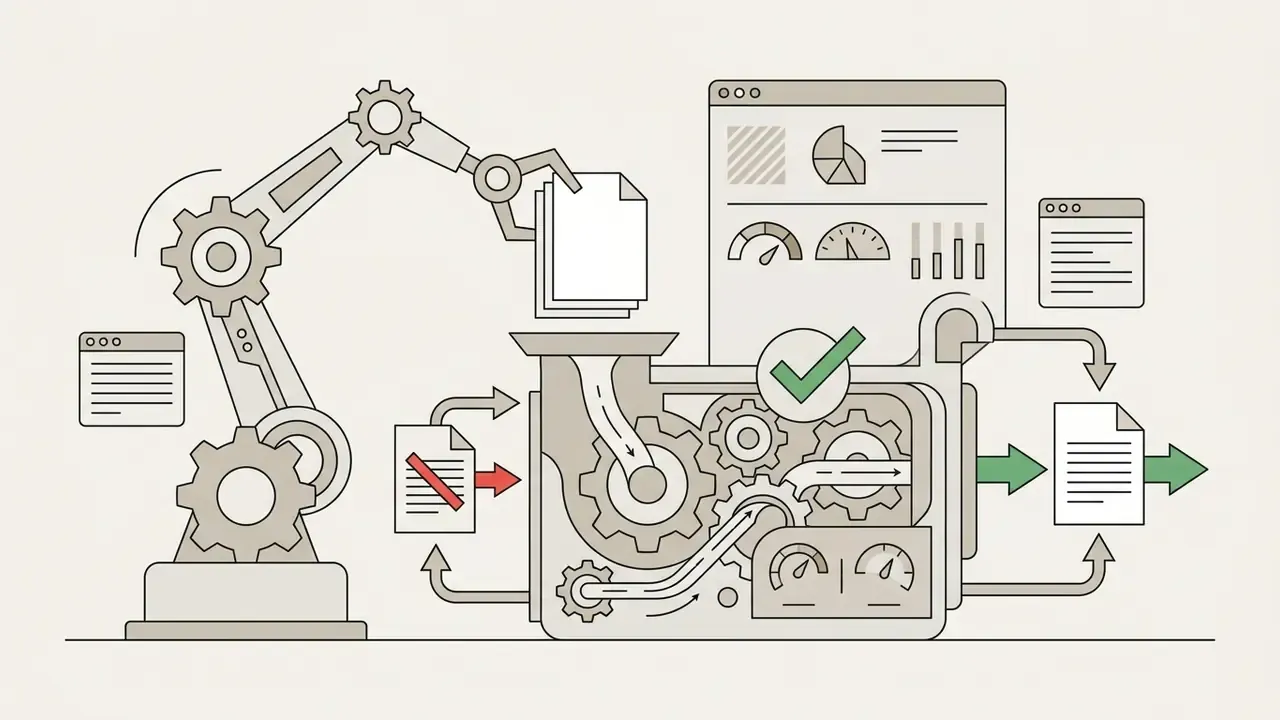 Robotic arm feeding documents into a mechanical gear system that processes and outputs refined text files