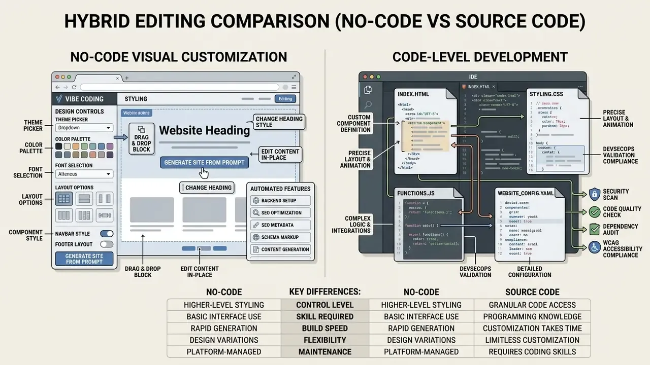 Comparison of no-code visual customization and code-level development for ai create web design visual vs code editor