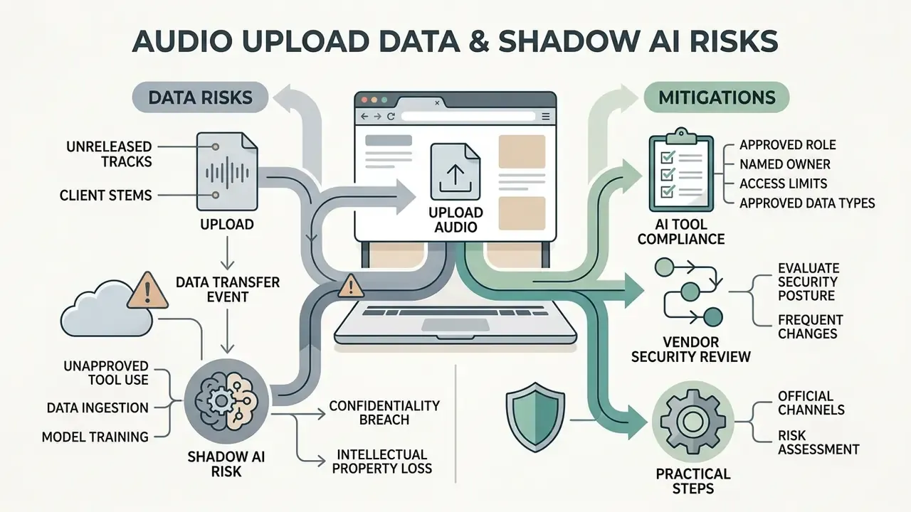 Diagram showing audio upload data risks and mitigation strategies for secure AI tool usage