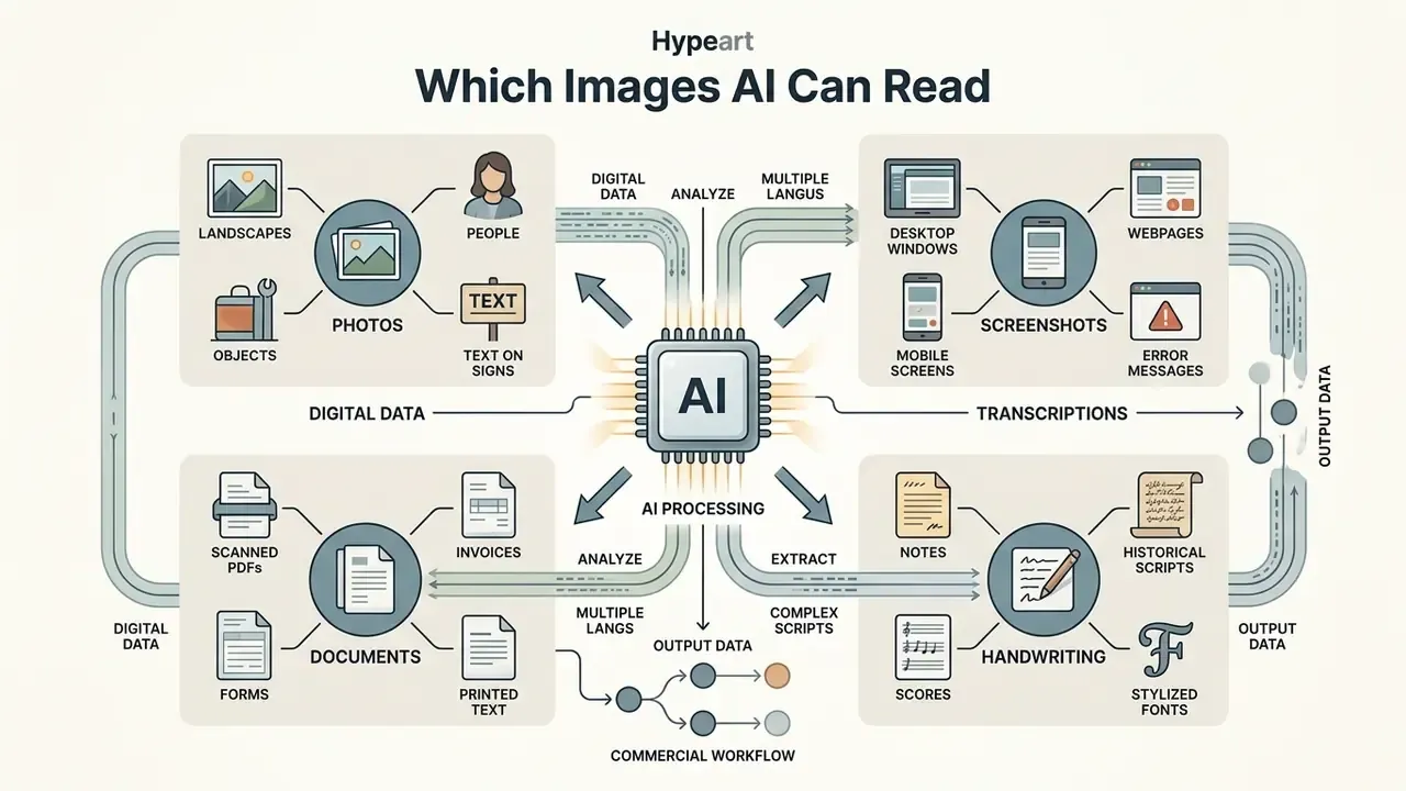 Flowchart showing how AI processes photos, screenshots, documents, and handwriting into output data