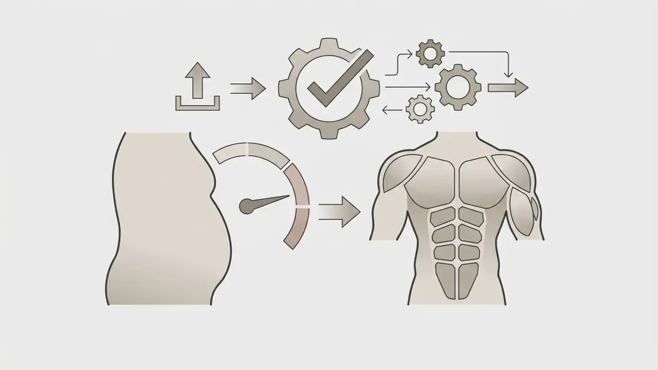 Human silhouette with a gauge transitioning into a muscular torso alongside a gear processing icon