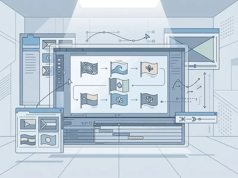 Software interface displaying a timeline and workflow for animating various flag designs