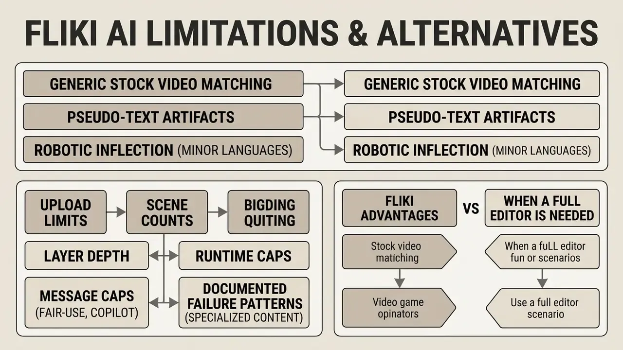 Diagram summarizing Fliki AI constraints like upload limits, runtime caps, and when to consider alternatives