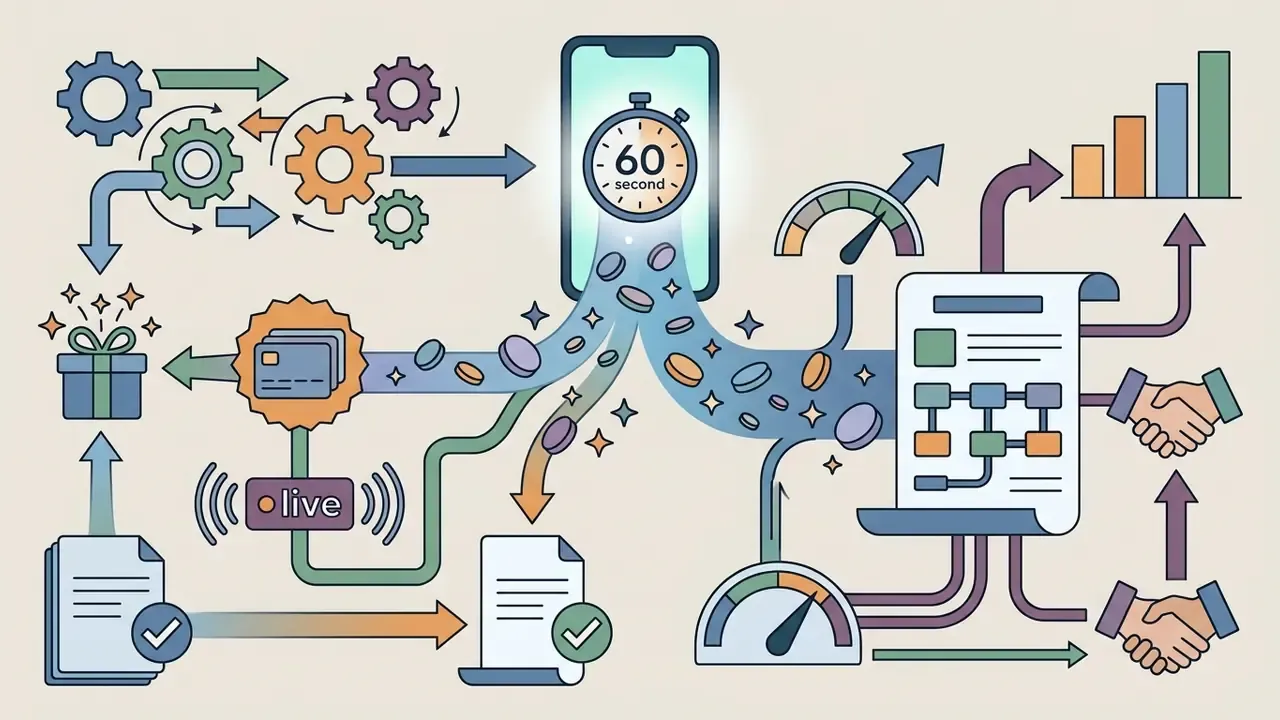 Smartphone with a timer releasing coins into various icons representing creator income and business deals