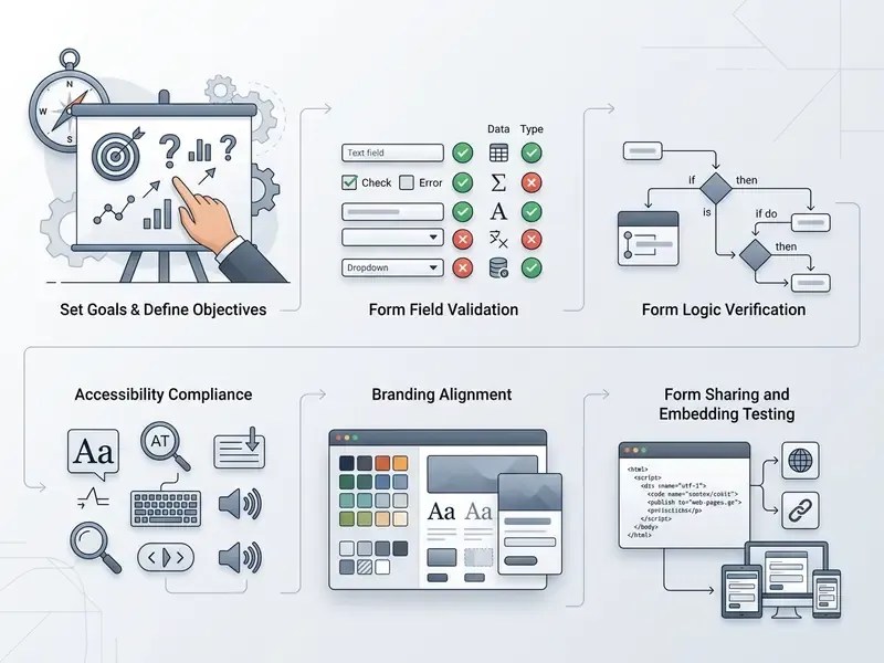 Six-step visual checklist covering objectives, field validation, logic, accessibility, branding, and embedding