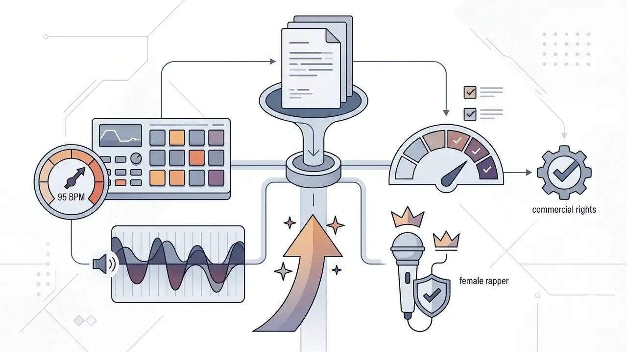 Lyrics and tempo data flowing into a processing funnel to generate hip-hop audio with commercial rights