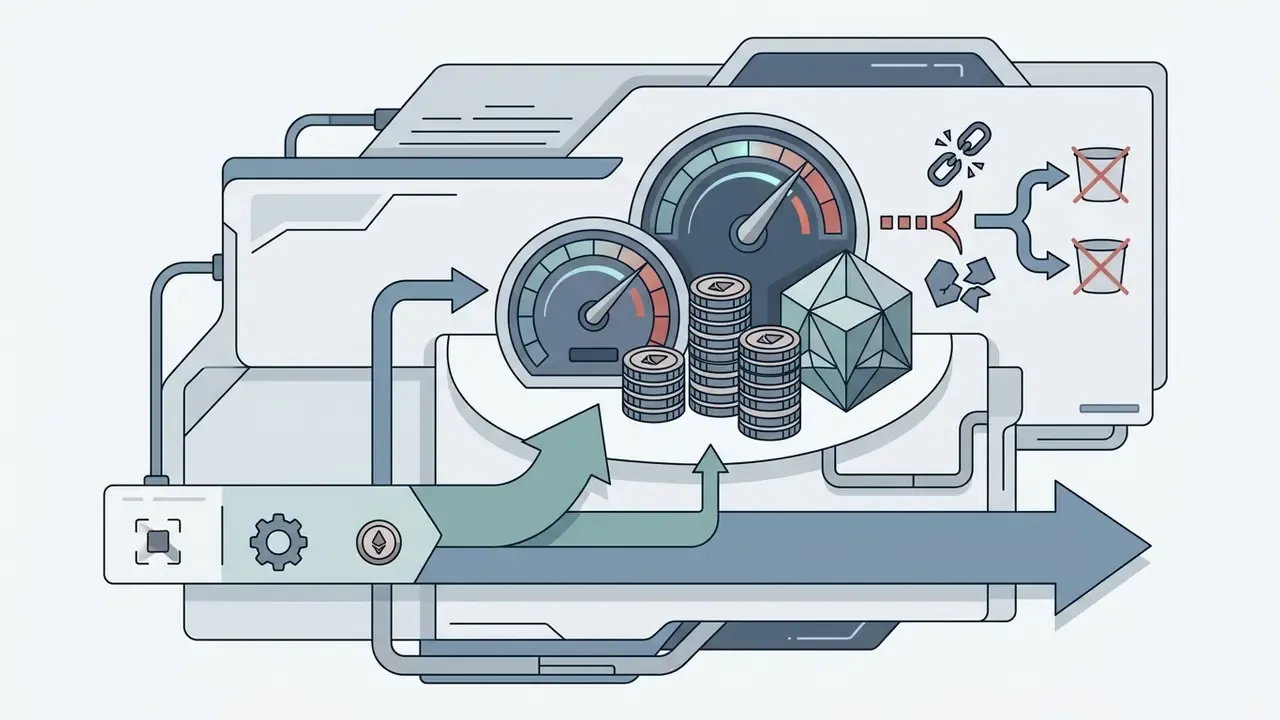 Stylized graphic showing speedometers, stacks of coins, and a geometric shape representing credit usage