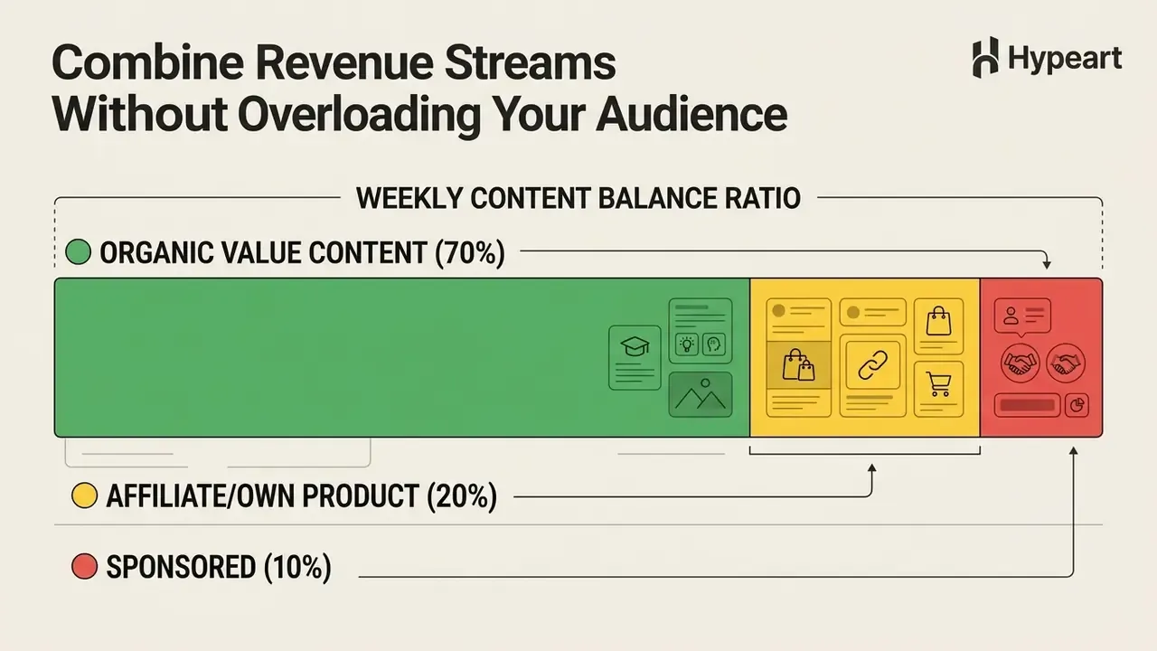 Horizontal bar showing a weekly content balance ratio of organic, affiliate, and sponsored posts