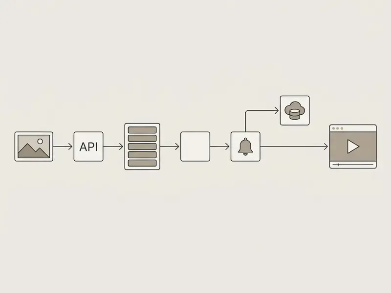Linear process icons showing data moving from an API request through a queue to storage and video playback