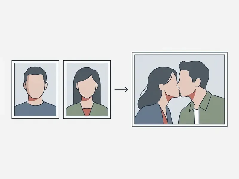 Two separate portraits of individuals transforming into a single scene of a couple kissing
