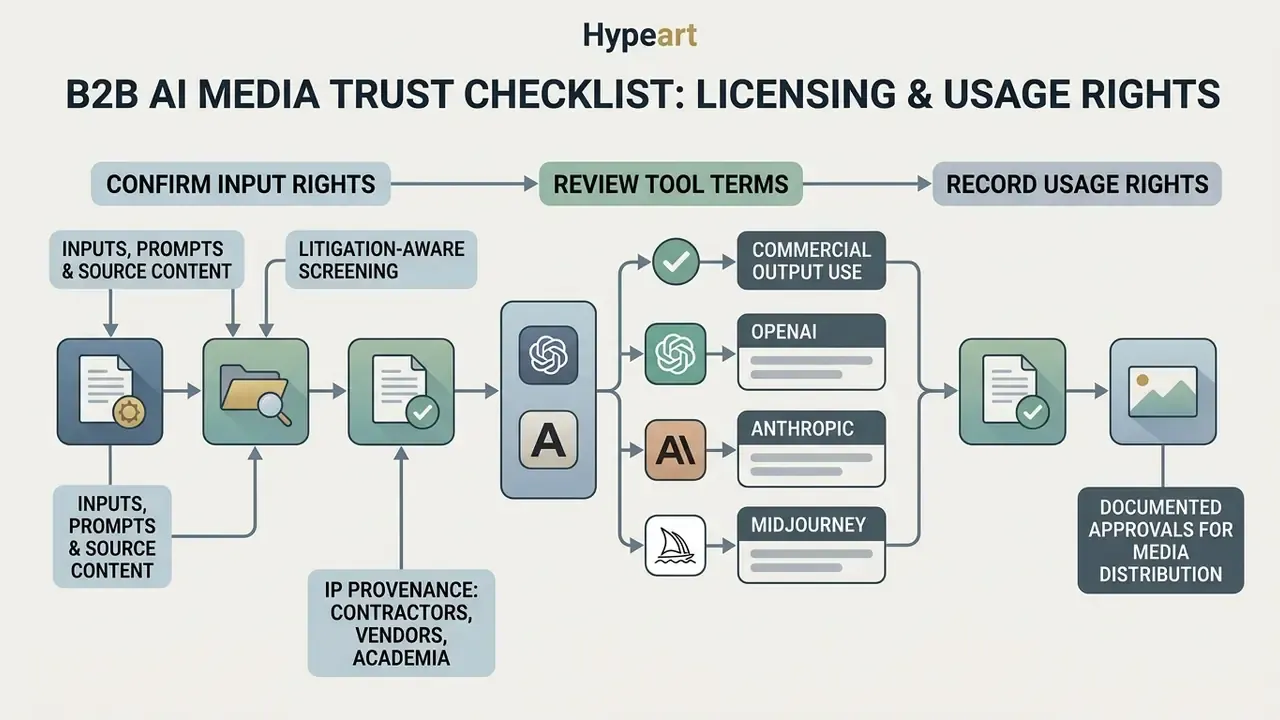 Process diagram showing steps to confirm input rights, review tool terms, and record usage rights for AI media