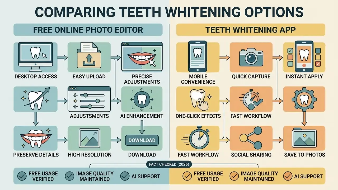 Side by side comparison chart detailing the workflows for using online editors versus mobile apps to whiten teeth in photo