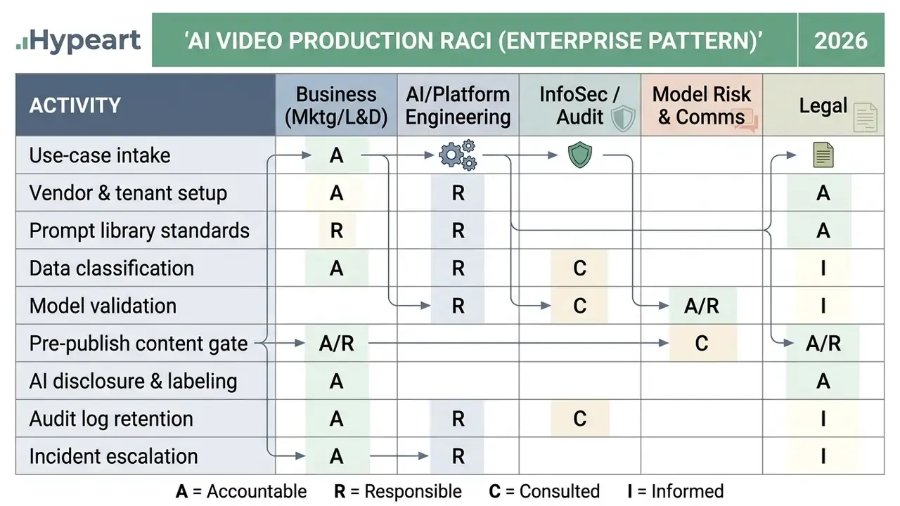RACI matrix table outlining responsibilities for enterprise AI video production tasks across departments