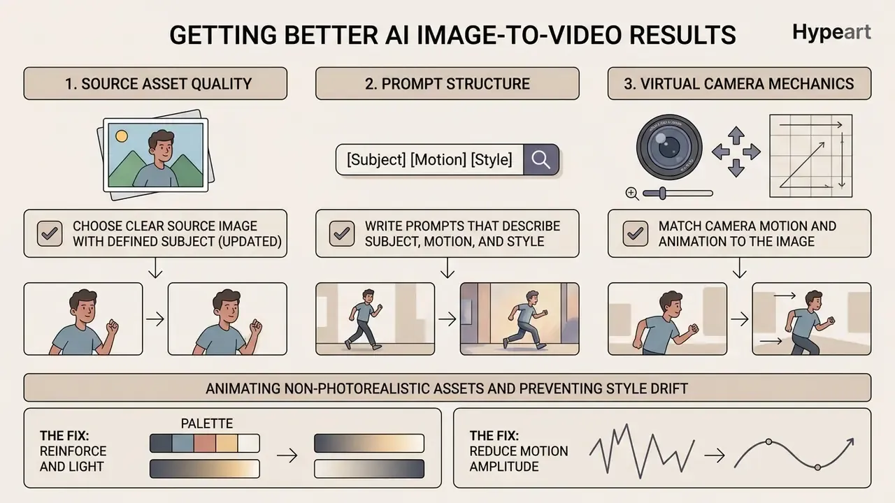 Infographic detailing three core techniques for improving output from a free AI image to video generator