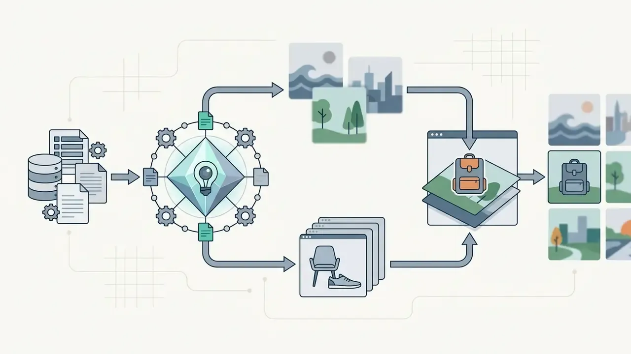 Database records feeding into an automated system that composites product cutouts onto generated backgrounds