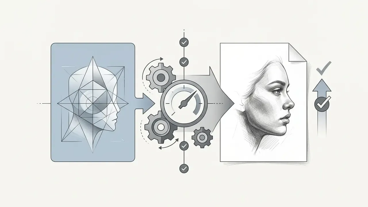 Geometric portrait profile moving through gears and a gauge to become a realistic pencil sketch