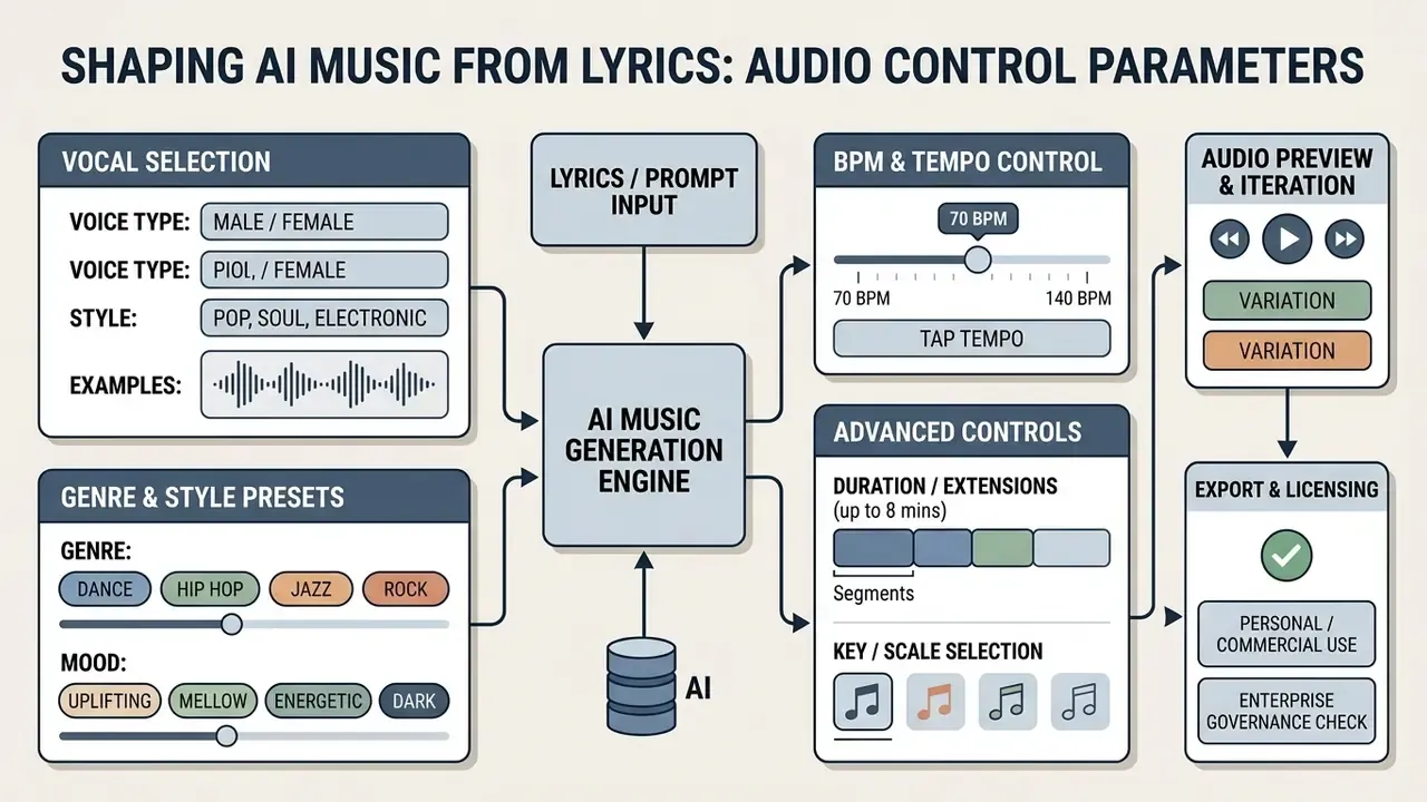Diagram showing audio parameters like vocal selection, tempo, and genre settings for an AI song generator
