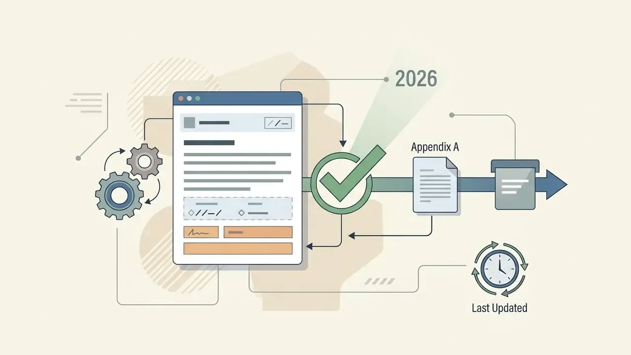 Document being processed through gears and a checkmark toward an appendix and update timestamp