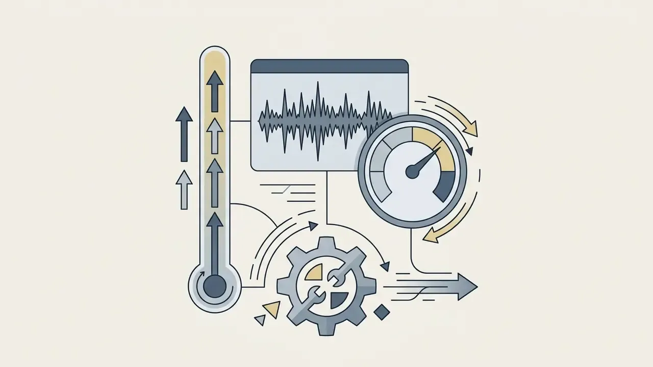 Vertical gauge and gear system processing audio waveforms into a speed indicator to finalize musical output