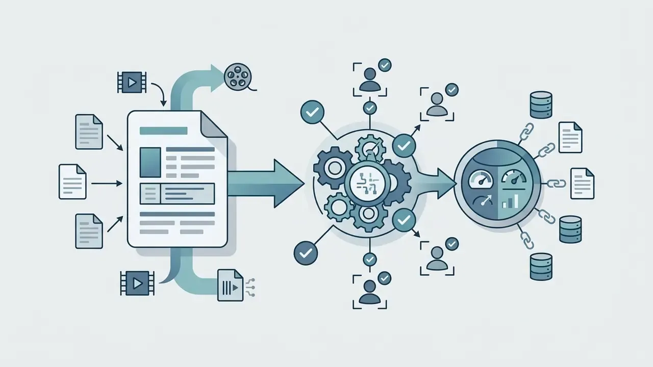Media files and documents feeding into a gear mechanism that processes human annotations into data metrics