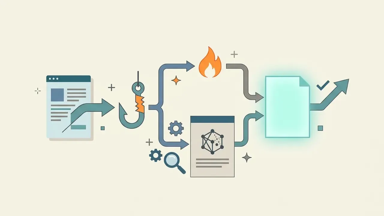 Content moving through a hook, fire, and network analysis icon to reach a final document with an upward arrow